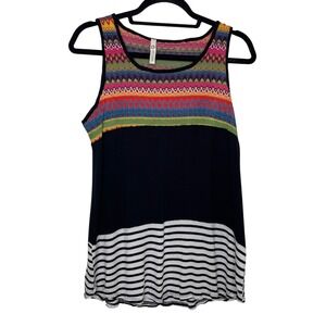 Sun n Moon Tank Top Women Medium Multi Color Embroidered Boho Striped Sleeveless